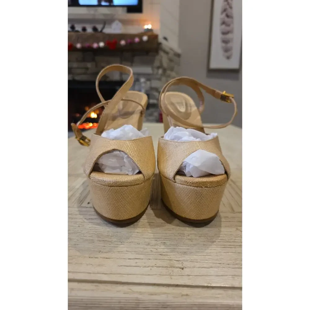 Schutz Neith Raffia Wedge Sandal Womens 10.5 Beige Ankle Strap Platform Peep Toe